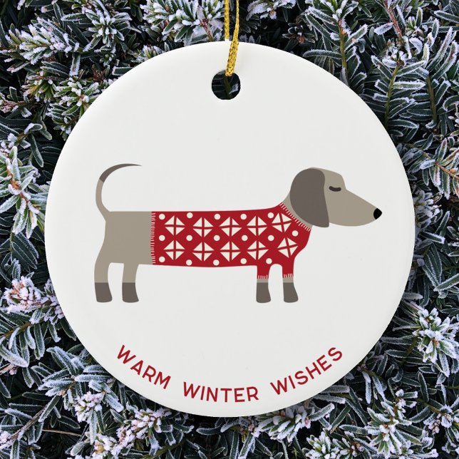 Adorno De Cerámica Dachshund Dog Fun (Ceramic ornament featuring festive Dachshund Sausage Wiener Dog in red and white knitwear)