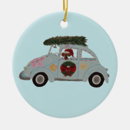 Adorno De Cerámica Dachshund en Coche Hippie en Navidad