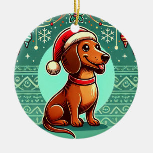 Adorno De Cerámica Dachshund festivo con sombrero de Santa