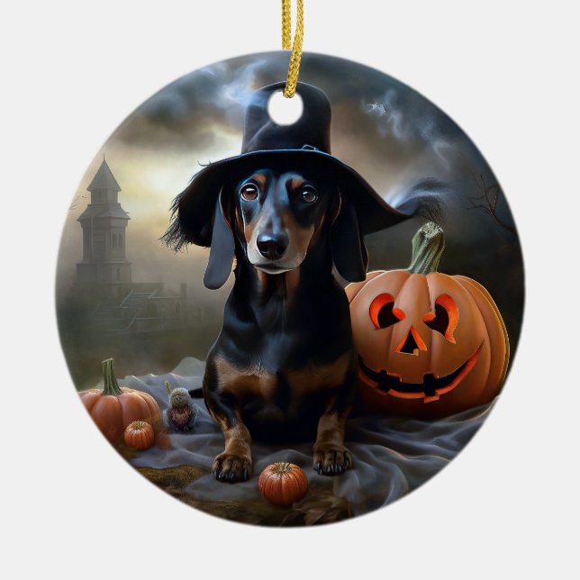 Adorno De Cerámica Dachshund Halloween Scary (Frente)