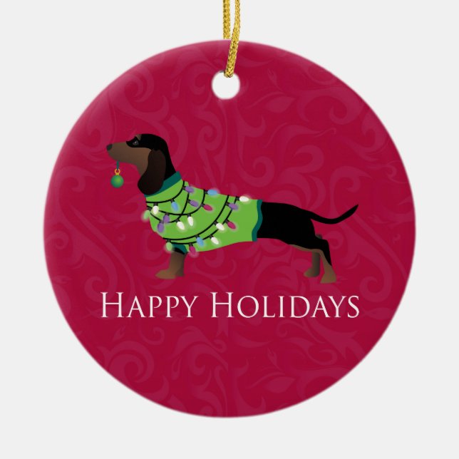 Adorno De Cerámica Dachshund Happy Holidays Design (Frente)