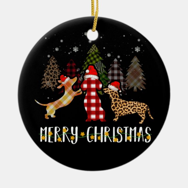 Adorno De Cerámica Dachshund Merry Christmas Cute plaid Leopard Doxie (Frente)