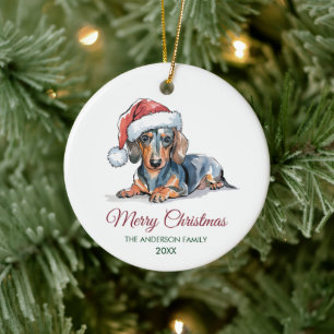 Adorno De Cerámica Dachshund personalizado con sombrero de Santa Navi