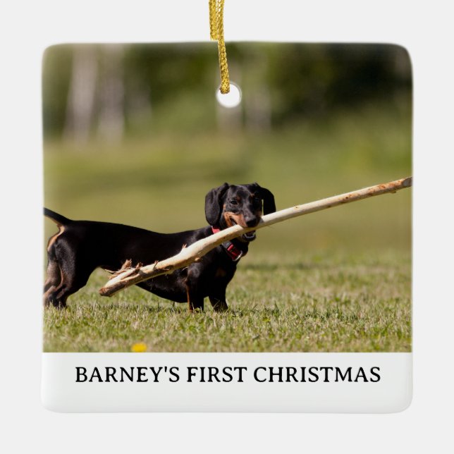 Adorno De Cerámica DACHSHUND Primer año de foto navideña (Anverso)