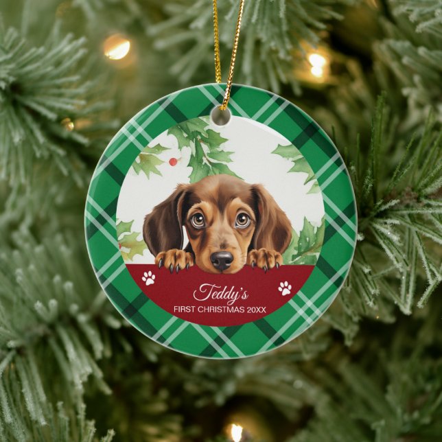 Adorno De Cerámica Dachshund Primera Navidad Personalizada (Árbol)