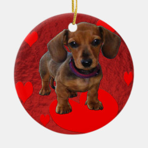 Adorno De Cerámica DACHSHUND Puppy con corazones