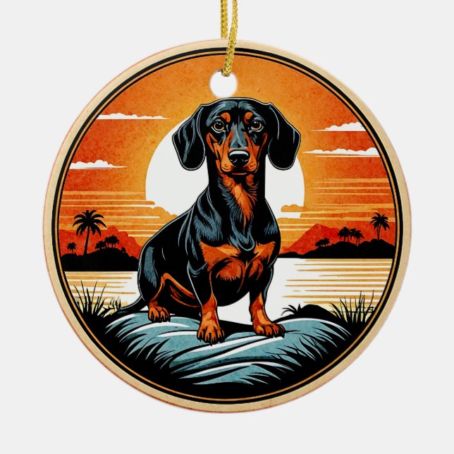 Adorno De Cerámica Dachshund Retro Sunset Dog Lover (Frente)