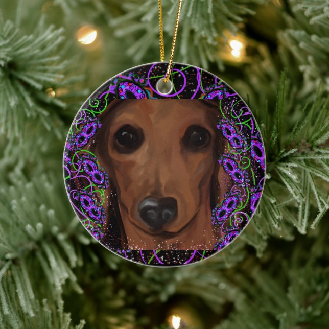 Adorno De Cerámica Dachshund Rojo      (Árbol)
