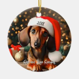 Adorno De Cerámica Dachshund rojo lindo con Santa Hat