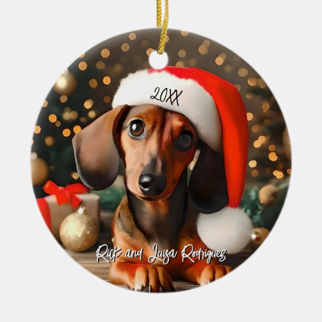 Adorno De Cerámica Dachshund rojo lindo con Santa Hat (Frente)