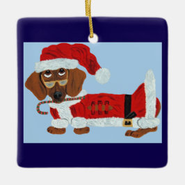 Adorno De Cerámica Dachshund Santa con un bastón de caramelo 