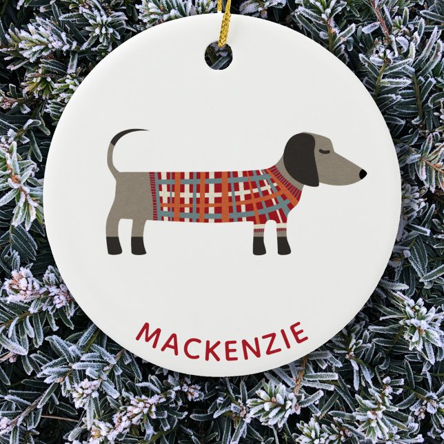Adorno De Cerámica Dachshund Sausage Dog Nombre personalizado (Dachshund Wiener Sausage Dog fun personalized name Christmas ornament)