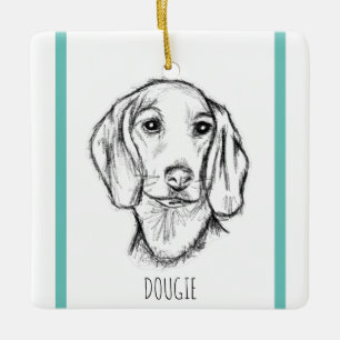 Adorno De Cerámica dachshund sketch a mano perro cachorro blanco negr
