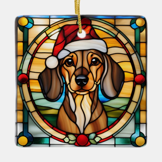 Adorno De Cerámica Dachshund Stained Glass Christmas Ornament (Anverso)