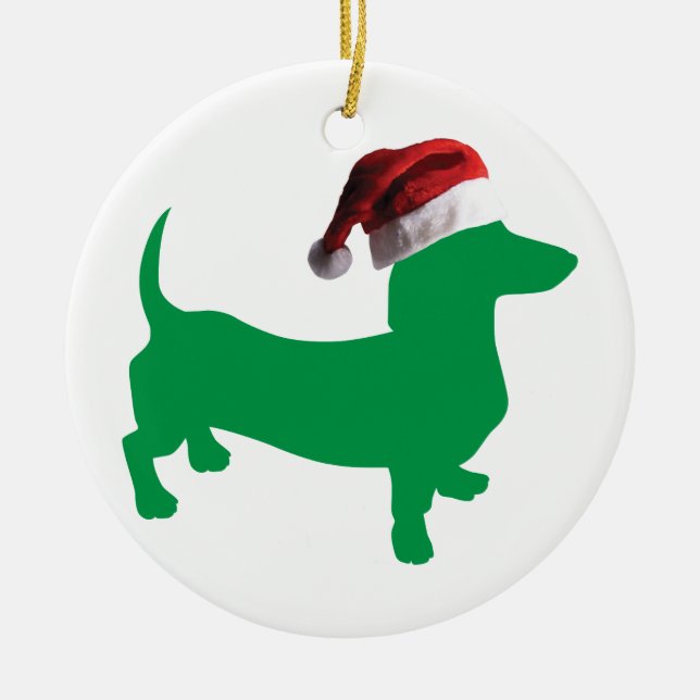 Adorno De Cerámica Dachshund verde usando un Gorra de Santa Claus (Frente)