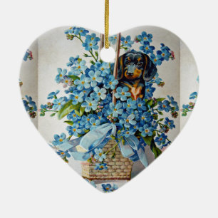 Adorno De Cerámica Dachshund y Forget-Me-Nots