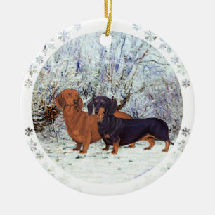 Adorno De Cerámica Dachshunds en la Nieve