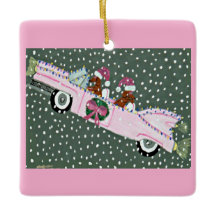 Dachshunds en Navidad en un convertible rosa