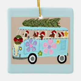 Adorno De Cerámica Dachshunds en su camioneta hippie de Navidad