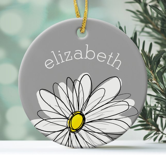 Adorno De Cerámica Daisy de moda con gris y amarillo (Personalized Ornament)