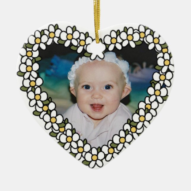 Adorno De Cerámica Daisy Heart Add Photo Personalizado Keepsake Ornam (Frente)