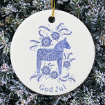 Adorno De Cerámica Dala Sueca Caballo Dios Jul Azul Blanco<br><div class="desc">Pintura festiva en blanco y azul de un caballo de Dala sueco. Cambie o retire el saludo de Dios al personalizar. Arte original de Nic Squirrell.</div>