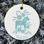 Adorno De Cerámica Dala Sueca Horse God Jul Verde azulada White<br><div class="desc">Festividad verde azulada pintura verde y blanca de un caballo de Dala sueco. Cambie o retire el saludo de Dios al personalizar. Arte original de Nic Squirrell.</div>