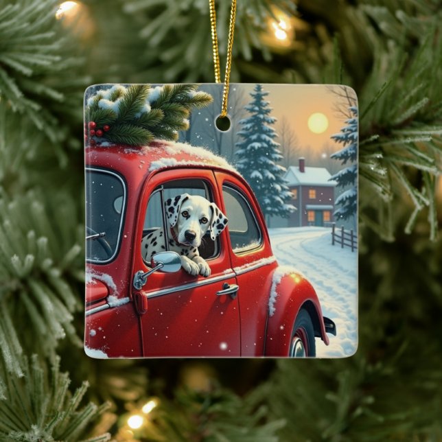 Adorno De Cerámica Dalmatian Snowy Car Ride Christmas Painting (Árbol)