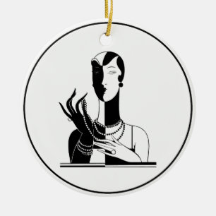 Adorno De Cerámica Dama Art Deco Vintage Con Perlas Negro Transp