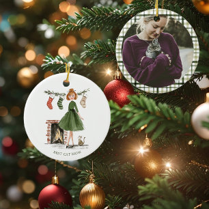 Adorno De Cerámica Dama de Navidad con gato Foto personalizada