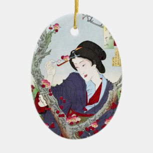 Adorno De Cerámica Dama japonesa de chinoiserie y flor de cerezo roja