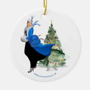 Adorno De Cerámica Dama Vintage en Navidades azules saluda