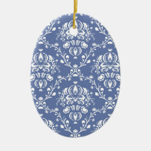 Adorno De Cerámica Damasco blanco y azul de guijarros