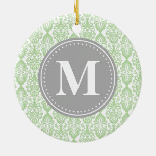 Adorno De Cerámica Damasco en Monograma de gris verde de menta