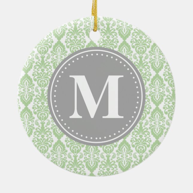 Adorno De Cerámica Damasco en Monograma de gris verde de menta (Atrás)