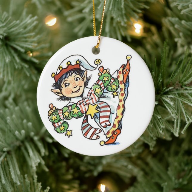 Adorno De Cerámica Danza de elfo feliz, Personalizado de Navidades re (Árbol)