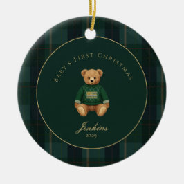 Adorno De Cerámica Dark Green Tartan Plaid Babys First Christmas 