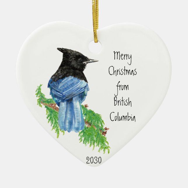 Adorno De Cerámica Dato Feliz Navidad Columbia Británica Jay Bird (Frente)