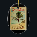 Adorno De Cerámica Daytona Beach Palm Tree Vintage Travel<br><div class="desc">Un arte de Daytona Beach Florida de mediados de siglo único retro,  con un estilo poster de viaje vintage. Cuenta con una palmera curvada en una playa de arena con el océano bajo un cielo azul turbio.</div>