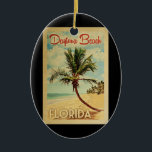 Adorno De Cerámica Daytona Beach Palm Tree Vintage Travel<br><div class="desc">Un arte de Daytona Beach Florida de mediados de siglo único retro,  con un estilo poster de viaje vintage. Cuenta con una palmera curvada en una playa de arena con el océano bajo un cielo azul turbio.</div>