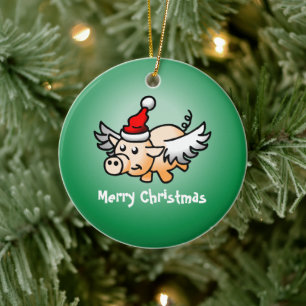 Adorno de cerámica de cerdo volador de Navidad