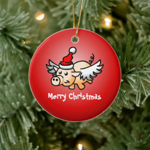 Adorno de cerámica de cerdo volador de Navidad
