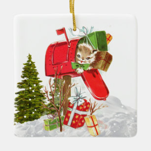 Adorno de cerámica de gato de Navidad vintage retr