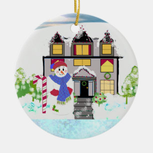 Adorno de cerámica de muñeco de nieve y casa acoge