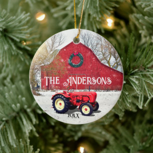 Adorno de cerámica de Navidad del Tractor Rojo Vie