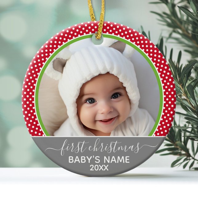 Adorno De Cerámica de primeras navidades para bebés - lunares (Personalized Photo Ornament - Baby's First Christmas)