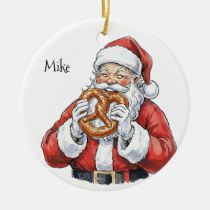 Adorno de cerámica de Santa comiendo pretzel suave