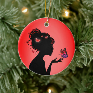 Adorno De Cerámica Décoration En Céramique La femme papillons rouges