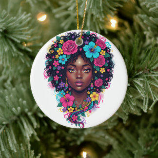 Adorno De Cerámica Deep Black Woman W/ Bright Flower Adorned Afro