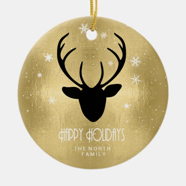 Adorno De Cerámica Deer Antlers Silhouette & Snowflakes Gold ID861 (Frente)